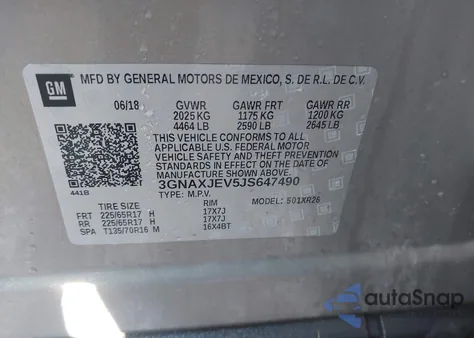2018 Chevrolet Equinox Lt z USA, uszkodzony, nr VIN 3GNAXJEV5JS647490